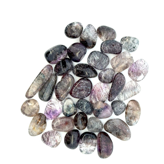 Natural Sacred Seven crystal displaying inclusions of amethyst, citrine, smoky quartz, rutile, cacoxenite, goethite, and lepidocrocite.