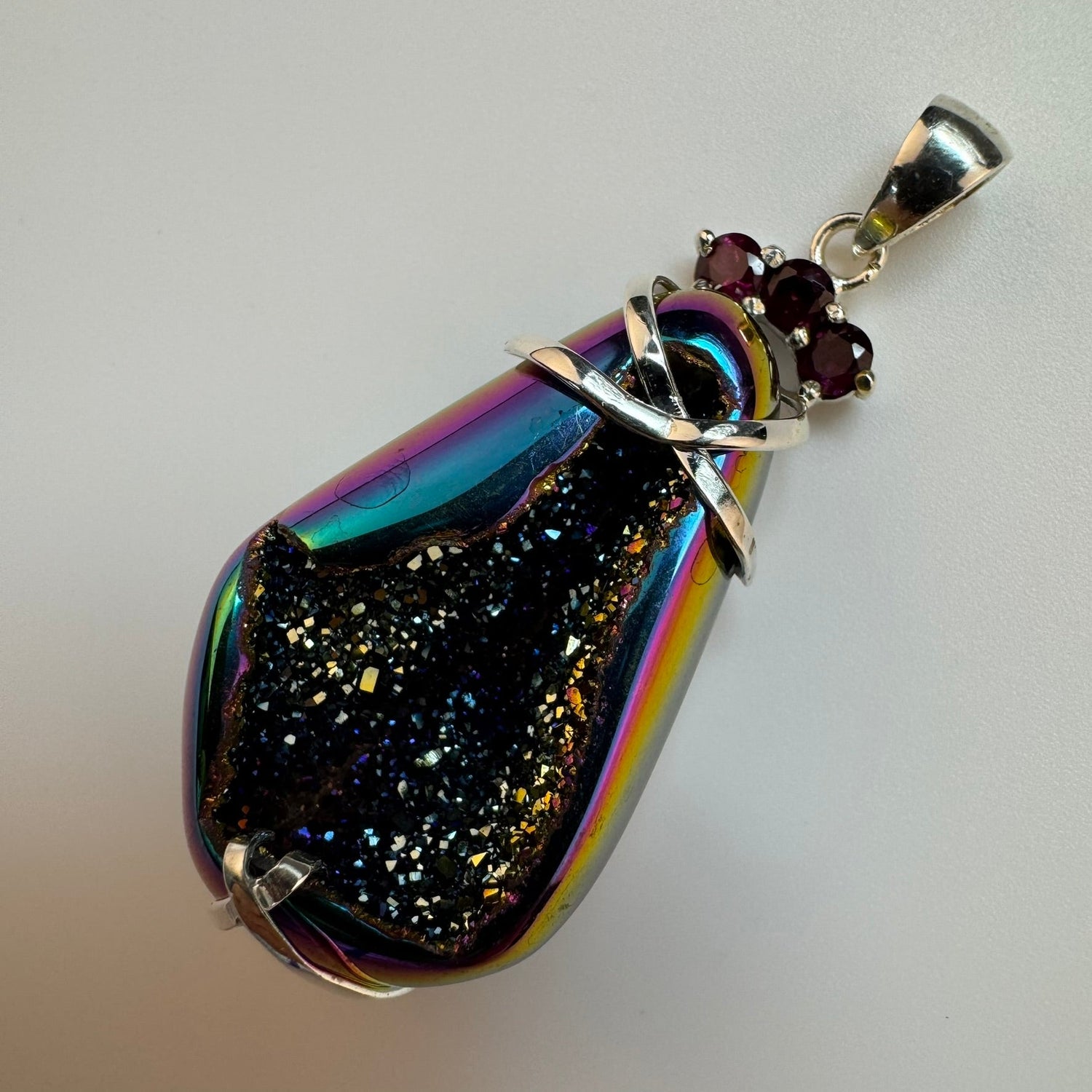 Titanium-Coated Druzy Pendant with Three small Garnets ready to sell as one of a kind custom jewelry2