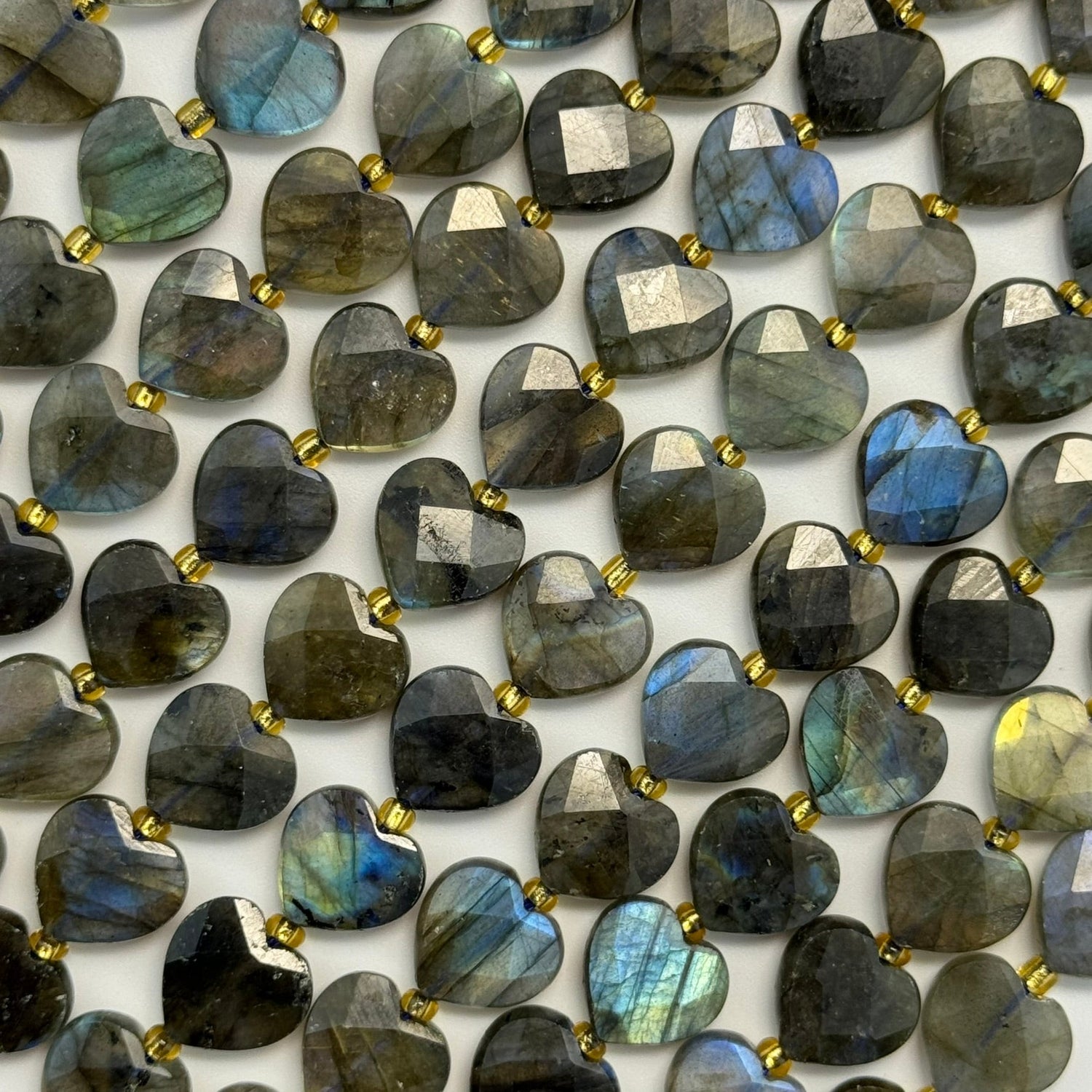 Natural Labradorite Gemstone Beads in Heart Shape and Faceted Finish perfect for jewelry making with gray black and blue hue and beautiful labradorescence