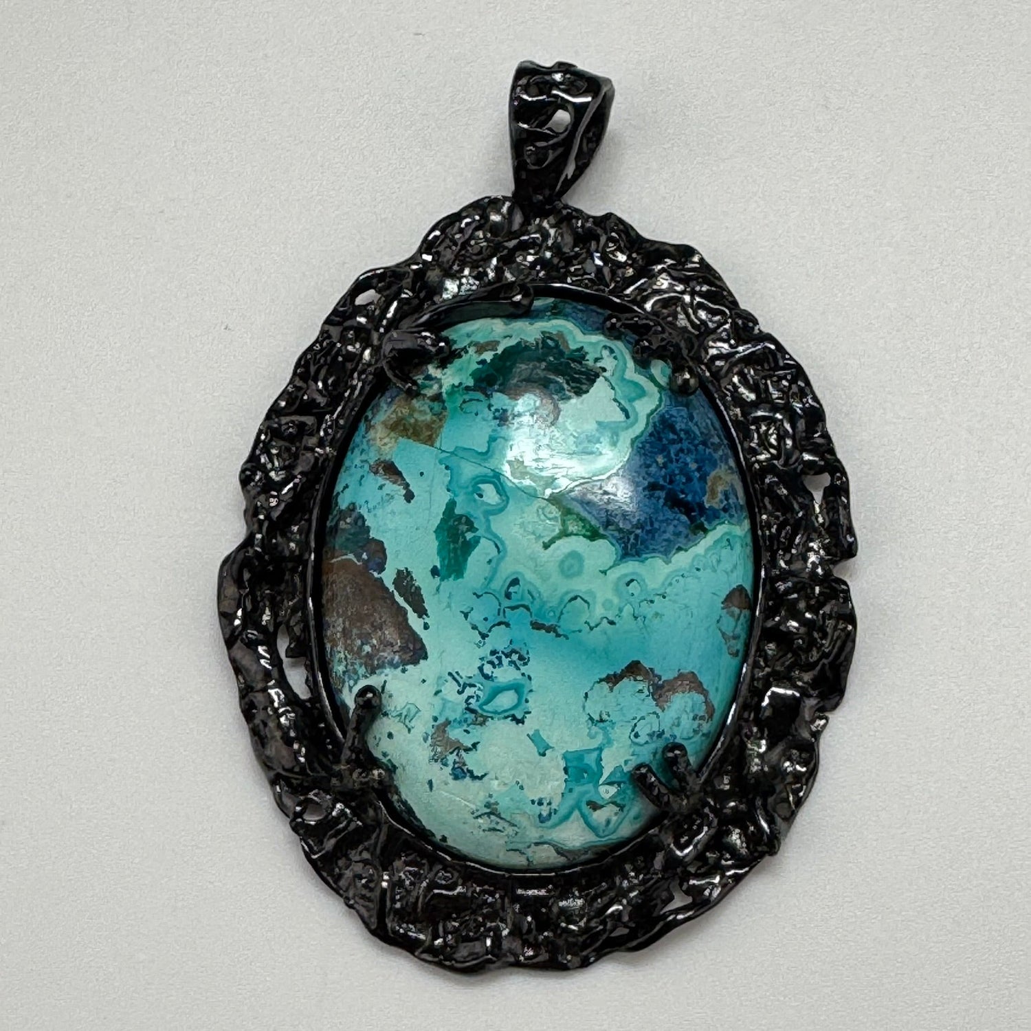 Shattuckite Pendant with Diopside Emeralds in Black Rhodium Plating