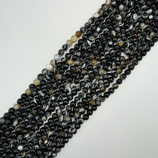 Banded Agate -  Black Agate Beads - Round Polished