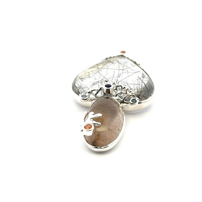 Rutilated Quartz Coral Reef Pendant with Blue & Orange Sapphire,Quartz & Citrine