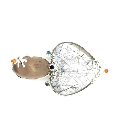 Rutilated Quartz Coral Reef Pendant with Blue & Orange Sapphire,Quartz & Citrine