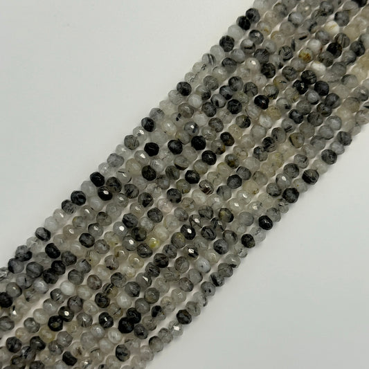 Black Tourmalinated Quartz Faceted Rondelle Beads