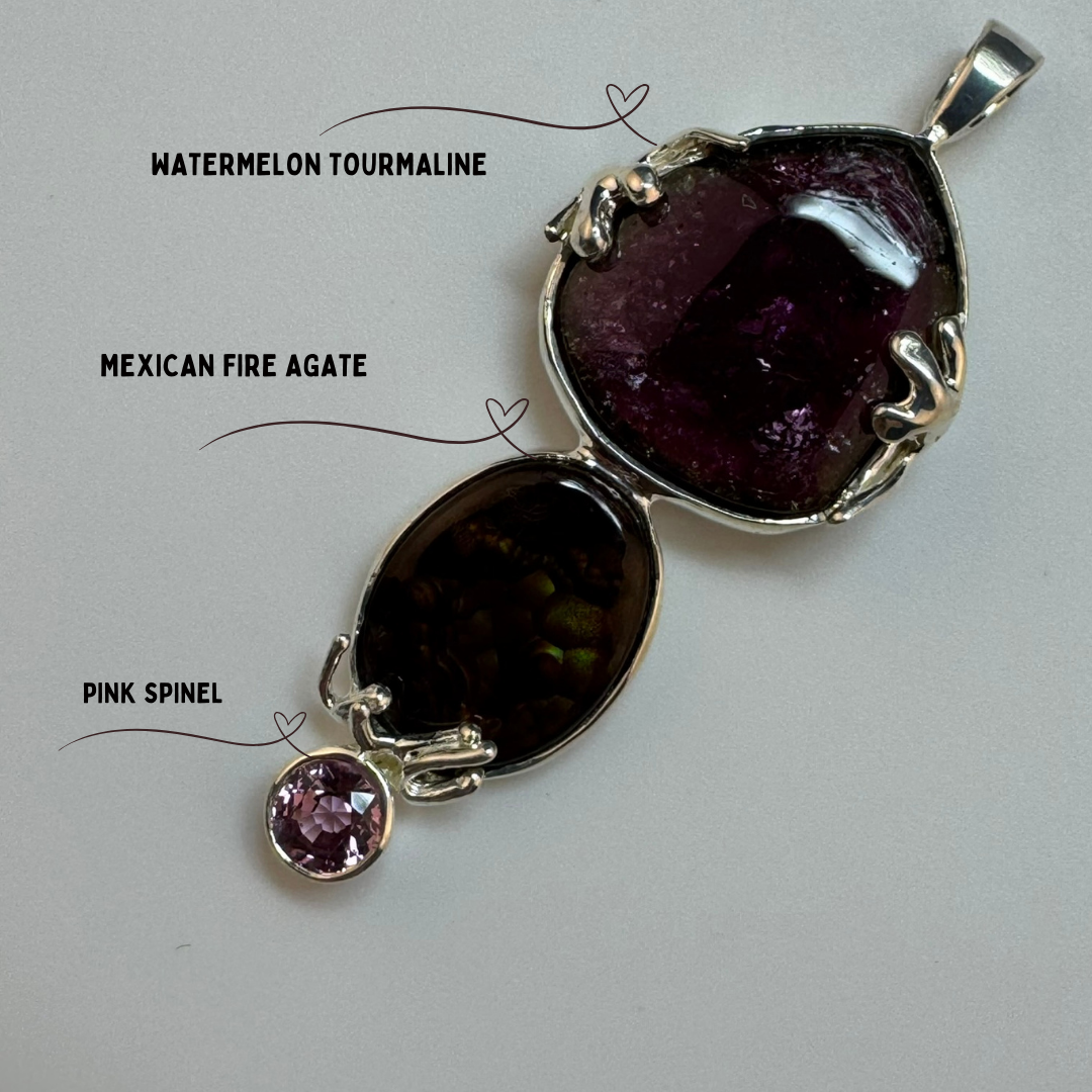 Triple Gemstone Pendant: Watermelon Tourmaline, Mexican Fire Agate & Pink Spinel image 0