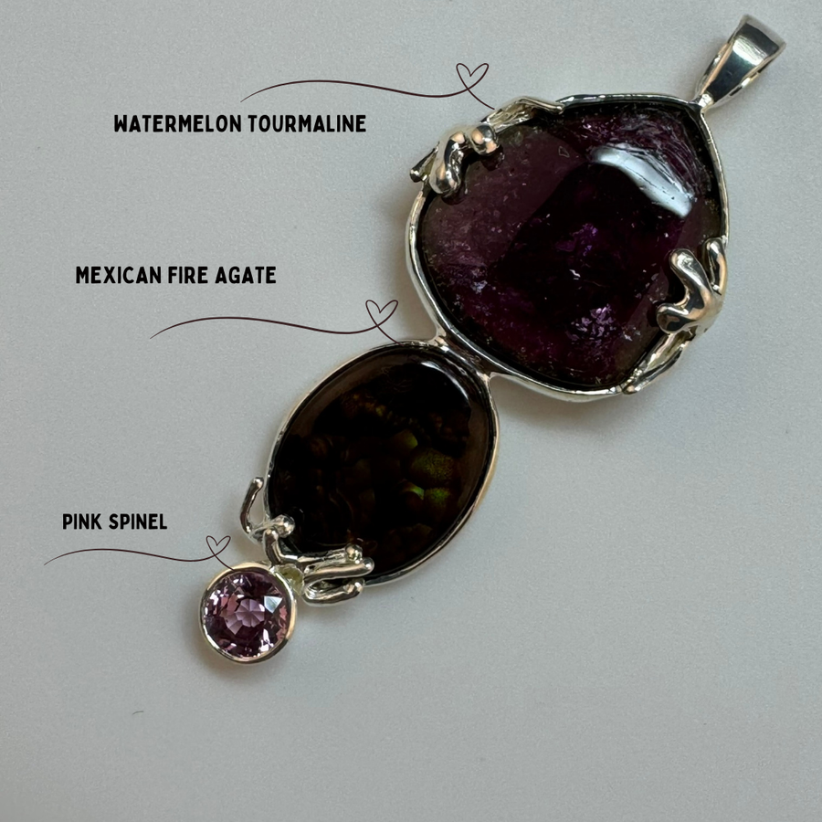 Triple Gemstone Pendant: Watermelon Tourmaline, Mexican Fire Agate & Pink Spinel image 0