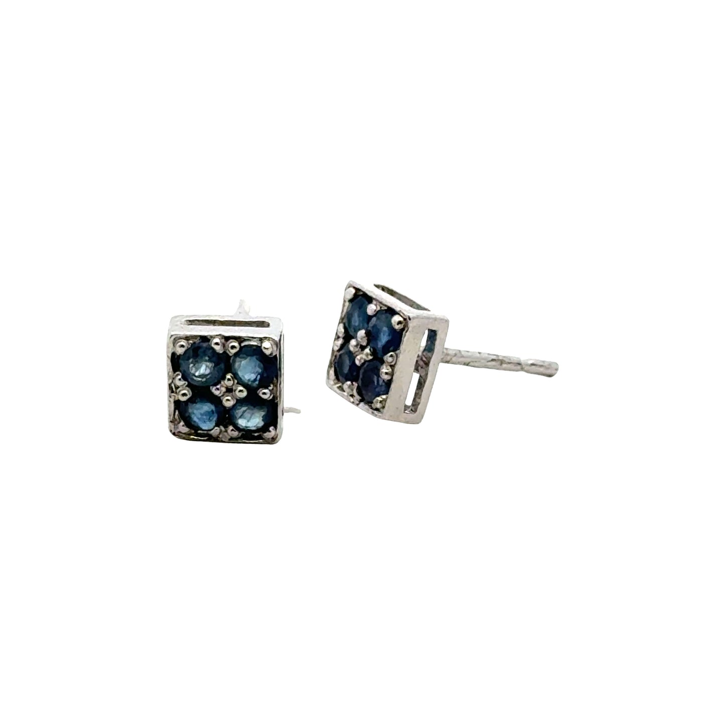 Handmade Square Sapphire Earrings in 925 Sterling Silver - Prong Set Style