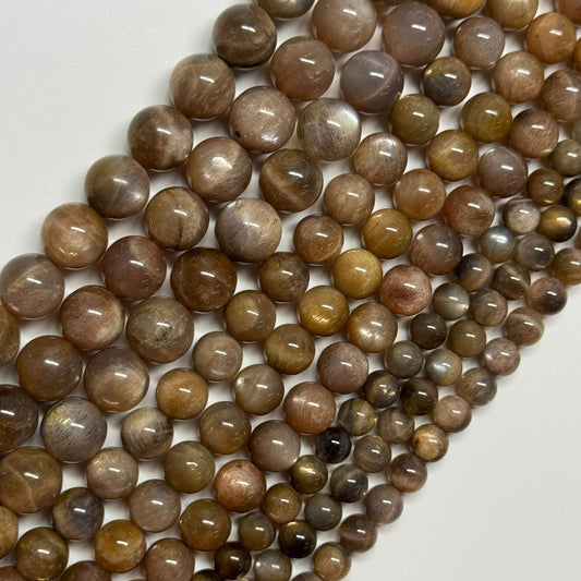 Sunstone & Moonstone Chocolate Polished Round Beads - (AA Quality)