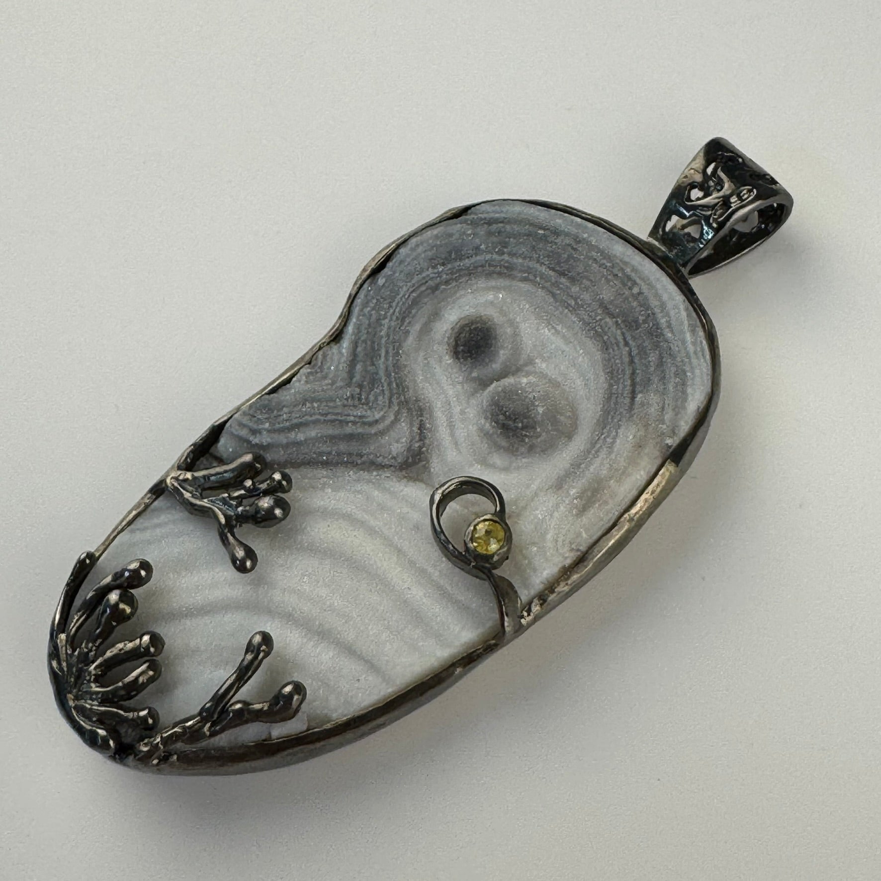 Druzy Chalcedony Quartz Coral Reef Black Rhodium Pendant with Yellow Sapphire image 4