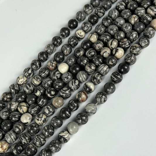 Jasper Black Network Polished Round Beads (AA Quality)
