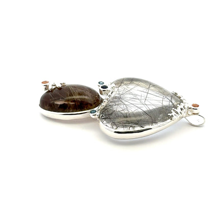 Rutilated Quartz Coral Reef Pendant with Blue & Orange Sapphire,Quartz & Citrine