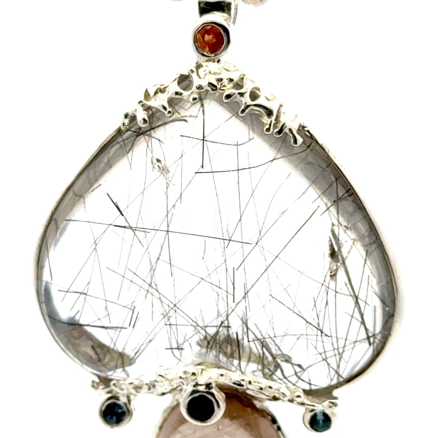 Rutilated Quartz Coral Reef Pendant with Blue & Orange Sapphire,Quartz & Citrine