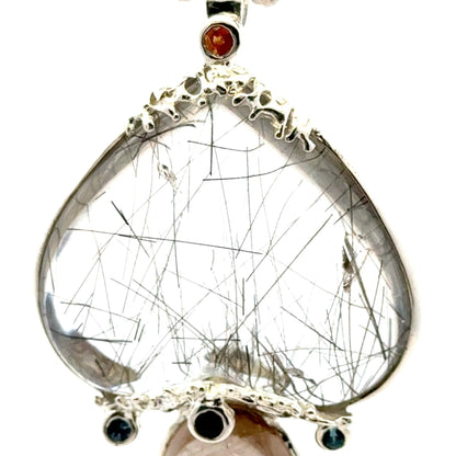 Rutilated Quartz Coral Reef Pendant with Blue & Orange Sapphire,Quartz & Citrine