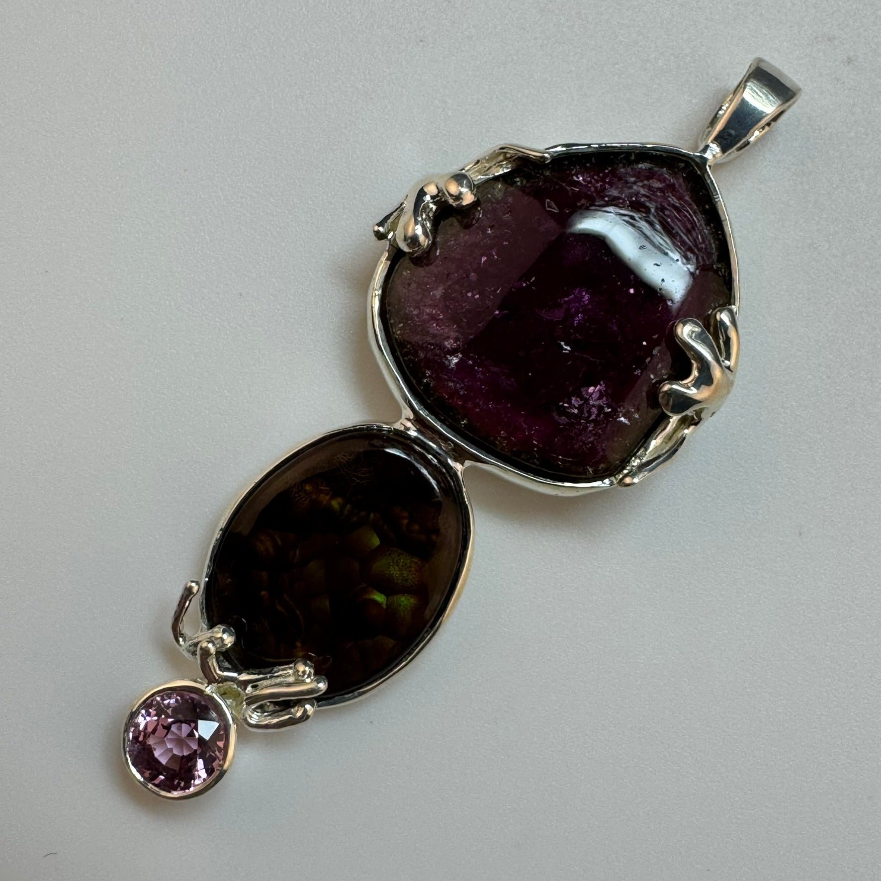Triple Gemstone Pendant: Watermelon Tourmaline, Mexican Fire Agate & Pink Spinel image 4
