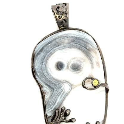 Druzy Chalcedony Quartz Coral Reef Black Rhodium Pendant with Yellow Sapphire