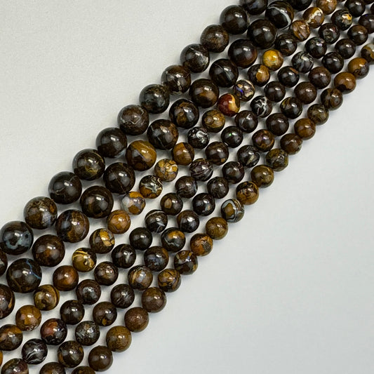 Australian Boulder Opal Polished Round Beads - (AA Quality)