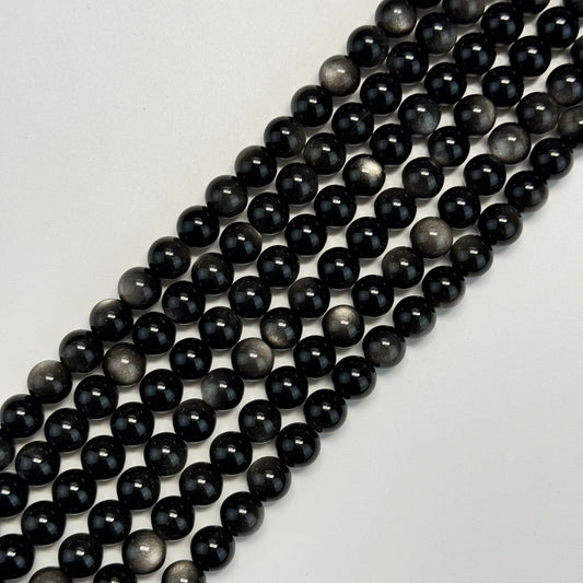Obsidian Silver Sheen Polished Round Beads - (AA Quality)