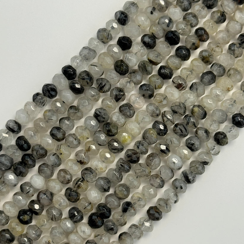 Black Tourmalinated Quartz Faceted Rondelle Beads - Premium Quality Tourmaline Inclusions