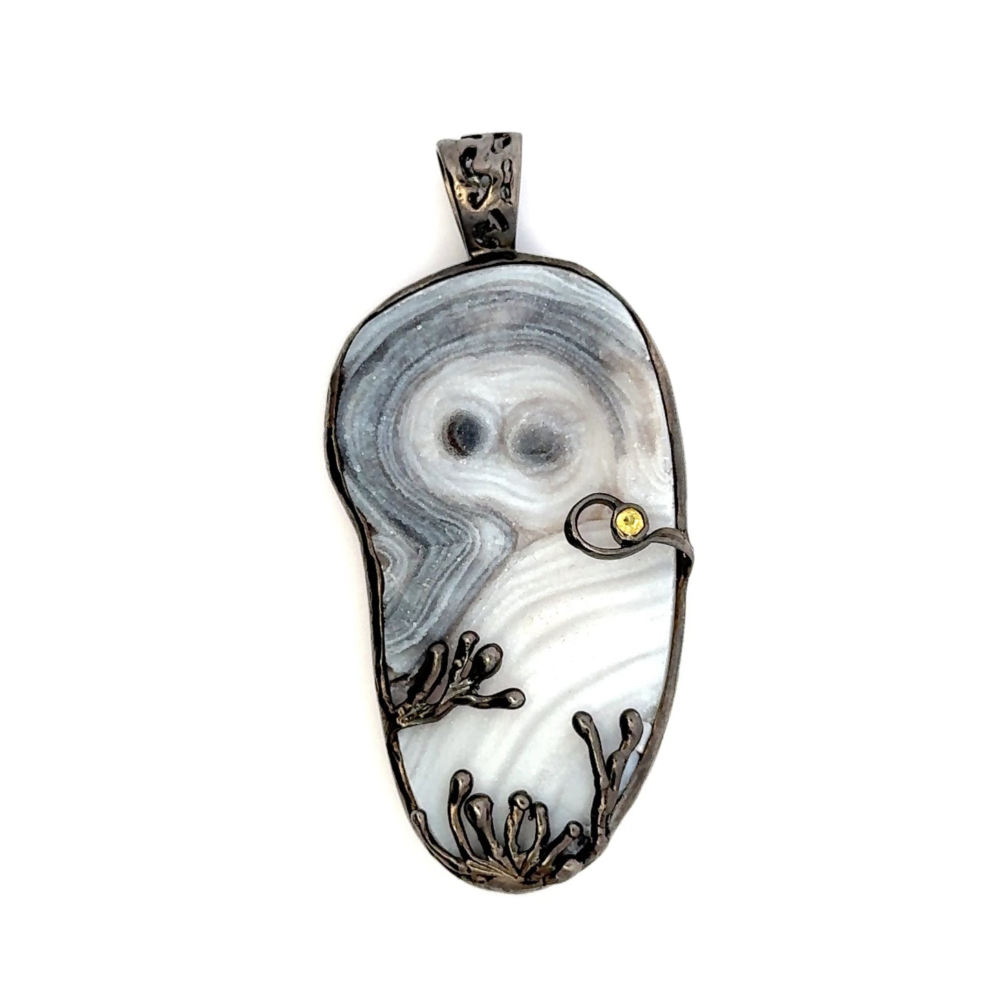 Druzy Chalcedony Quartz Coral Reef Black Rhodium Pendant with Yellow Sapphire