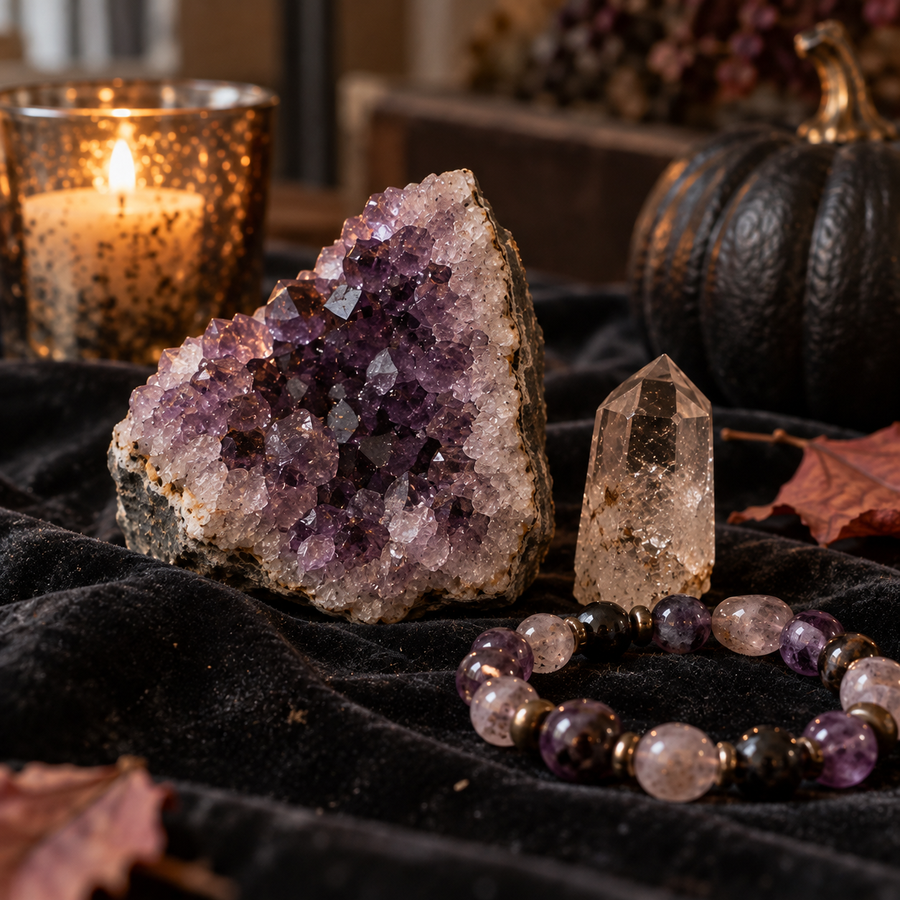 Amethyst and quartz by candlelight