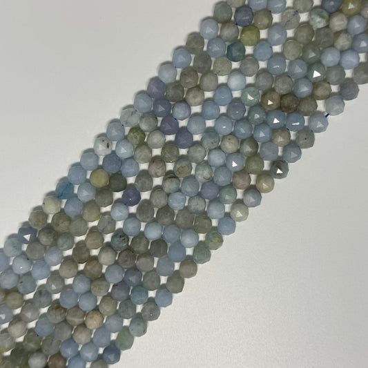 Aquamarine Diamond Cut Round Faceted Gemstone Beads - (A Quality)