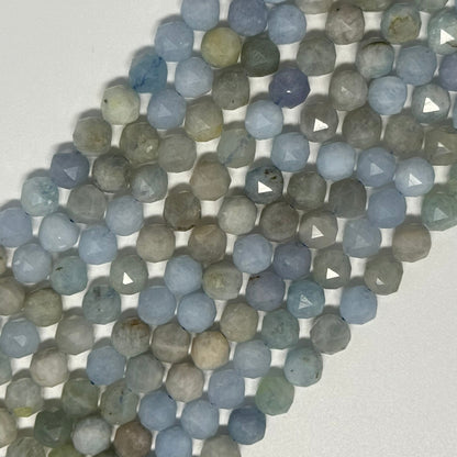 Aquamarine Diamond Cut Round Faceted Gemstone Beads - (A Quality)