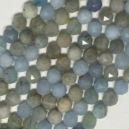 Aquamarine Diamond Cut Round Faceted Gemstone Beads - (A Quality)