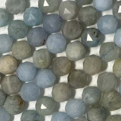 Aquamarine Diamond Cut Round Faceted Gemstone Beads - (A Quality)