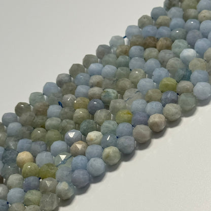 Aquamarine Diamond Cut Round Faceted Gemstone Beads - (A Quality)