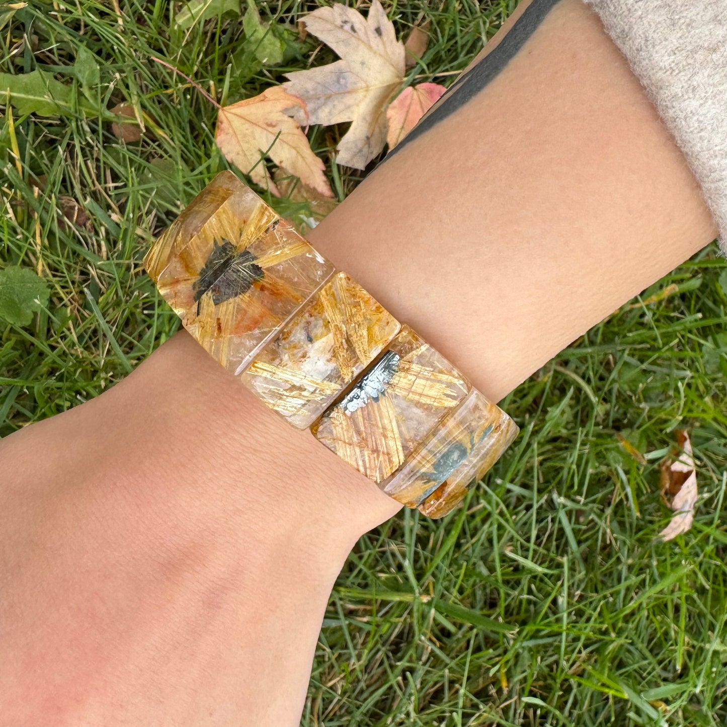 Bracelet: Golden Rutilated Quartz With Hematite Crystal Bangle Bracelet