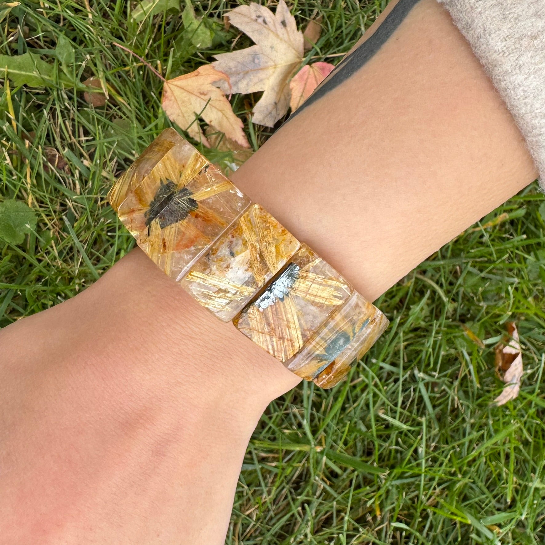 Bracelet: Golden Rutilated Quartz With Hematite Crystal Bangle Bracelet