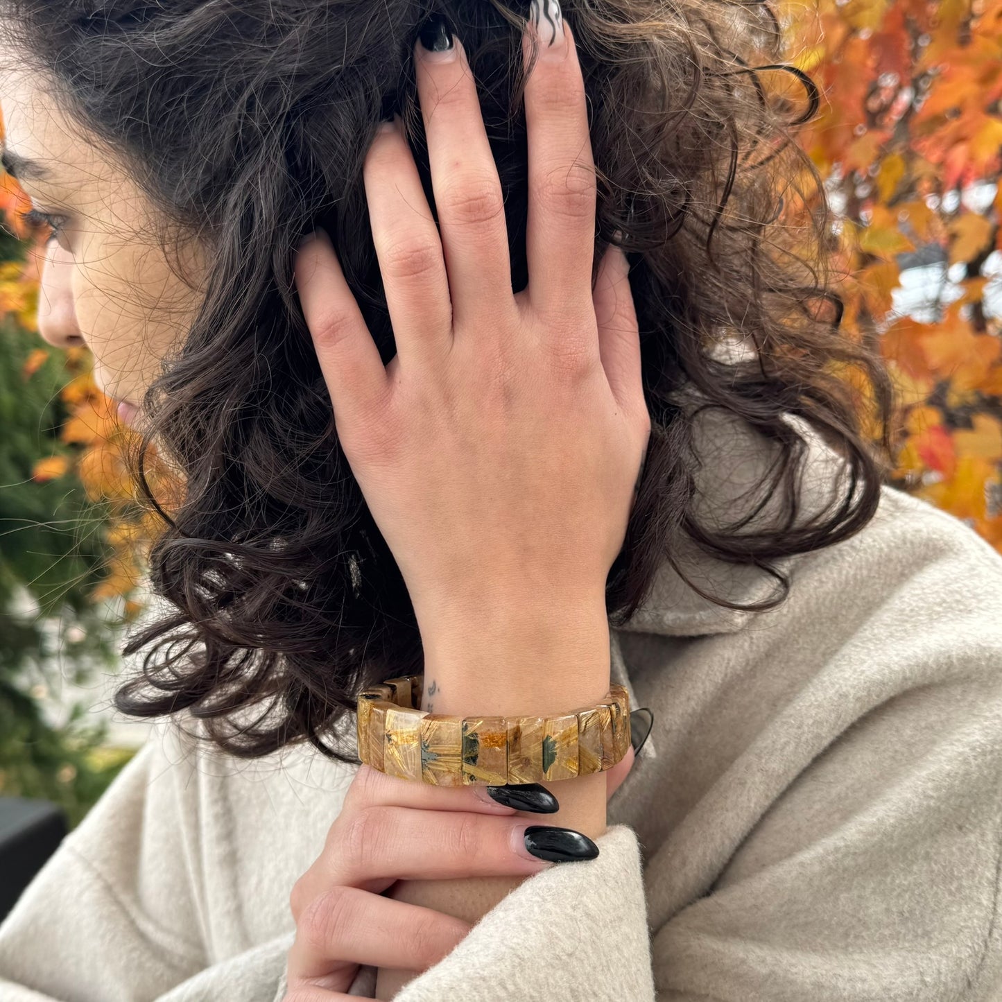 Bracelet: Golden Rutilated Quartz With Hematite Crystal Bangle Bracelet