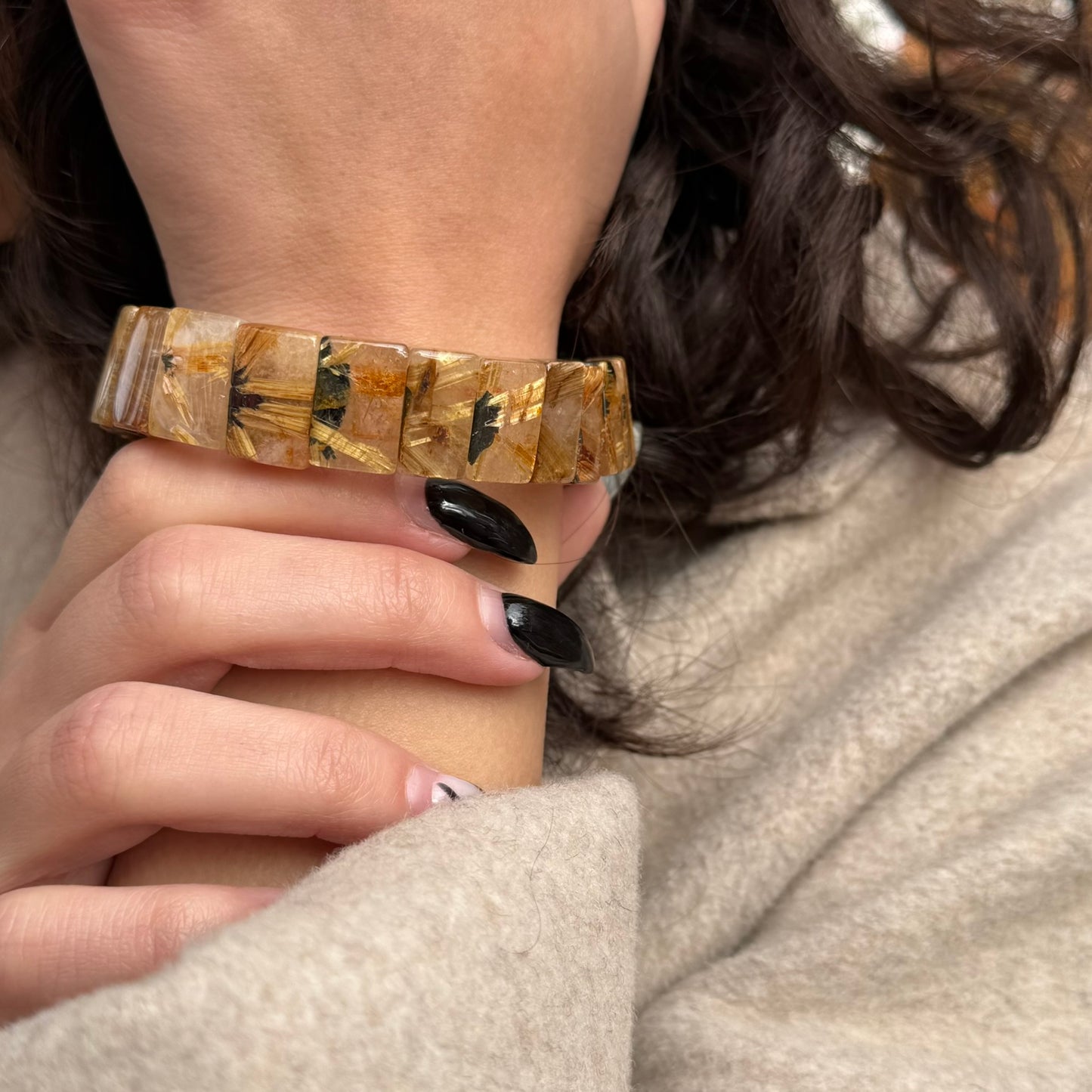 Bracelet: Golden Rutilated Quartz With Hematite Crystal Bangle Bracelet