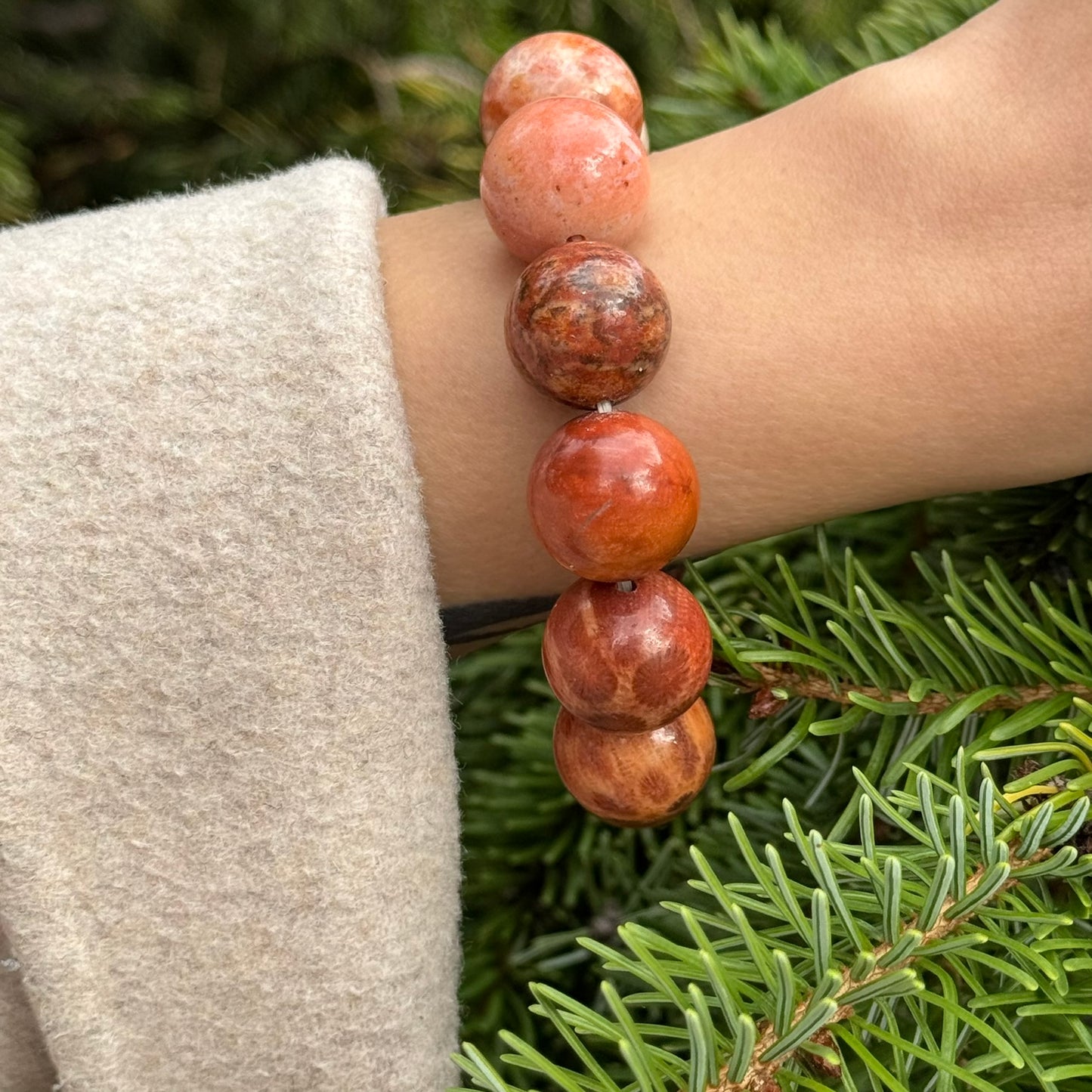 Bracelet: Unique Red Fossilized Coral, Natural Color