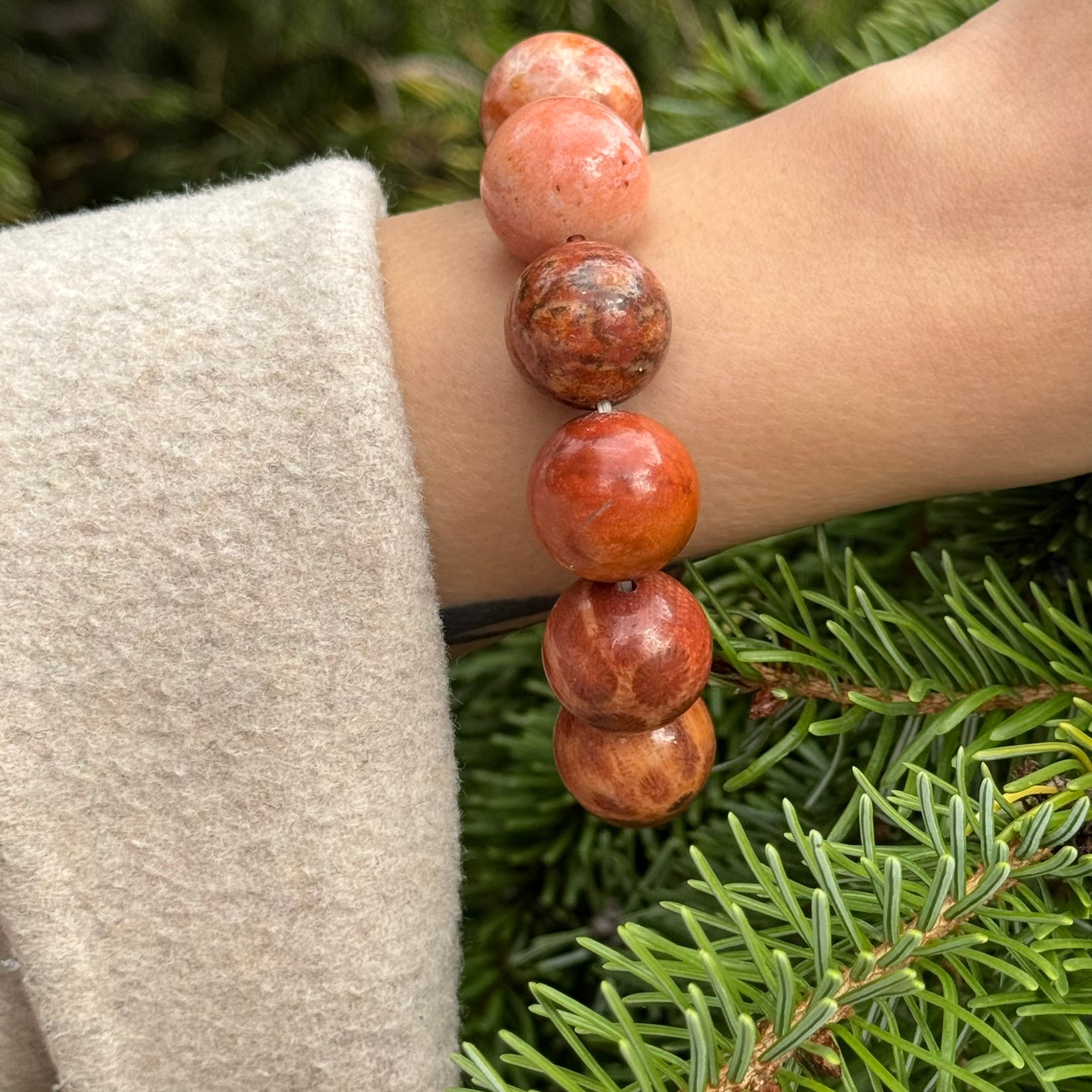 Bracelet: Unique Red Fossilized Coral, Natural Color