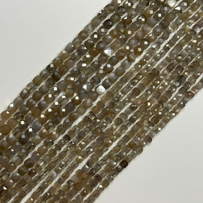 Gray Sunstone Moonstone Faceted Square Gemstone Beads - (AA Quality)