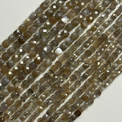 Gray Sunstone Moonstone Faceted Square Gemstone Beads - (AA Quality)