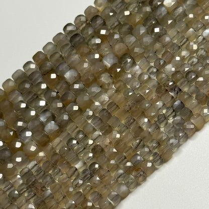 Gray Sunstone Moonstone Faceted Square Gemstone Beads - (AA Quality)