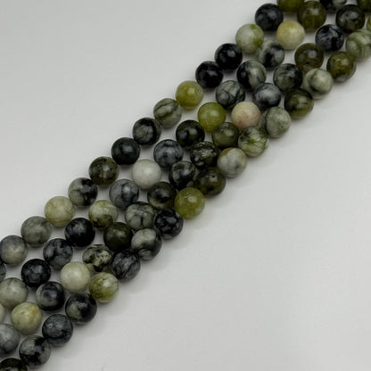 Dendritic Green Serpentine Polished  Round Beads