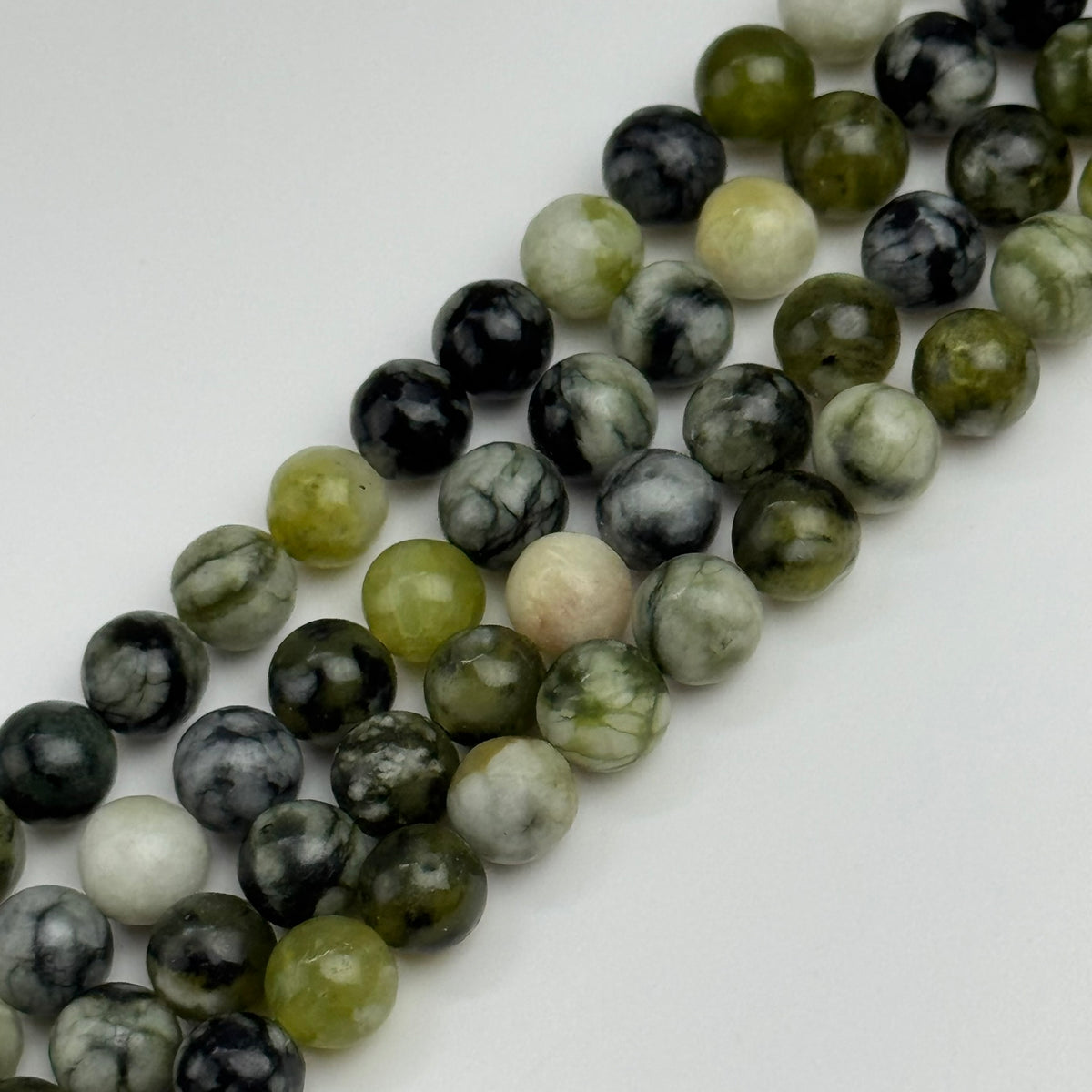 Dendritic Green Serpentine Polished  Round Beads
