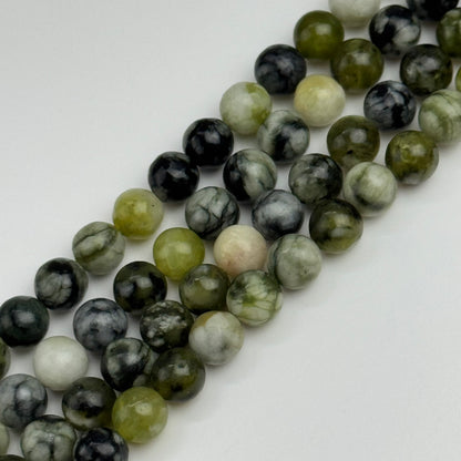 Dendritic Green Serpentine Polished  Round Beads