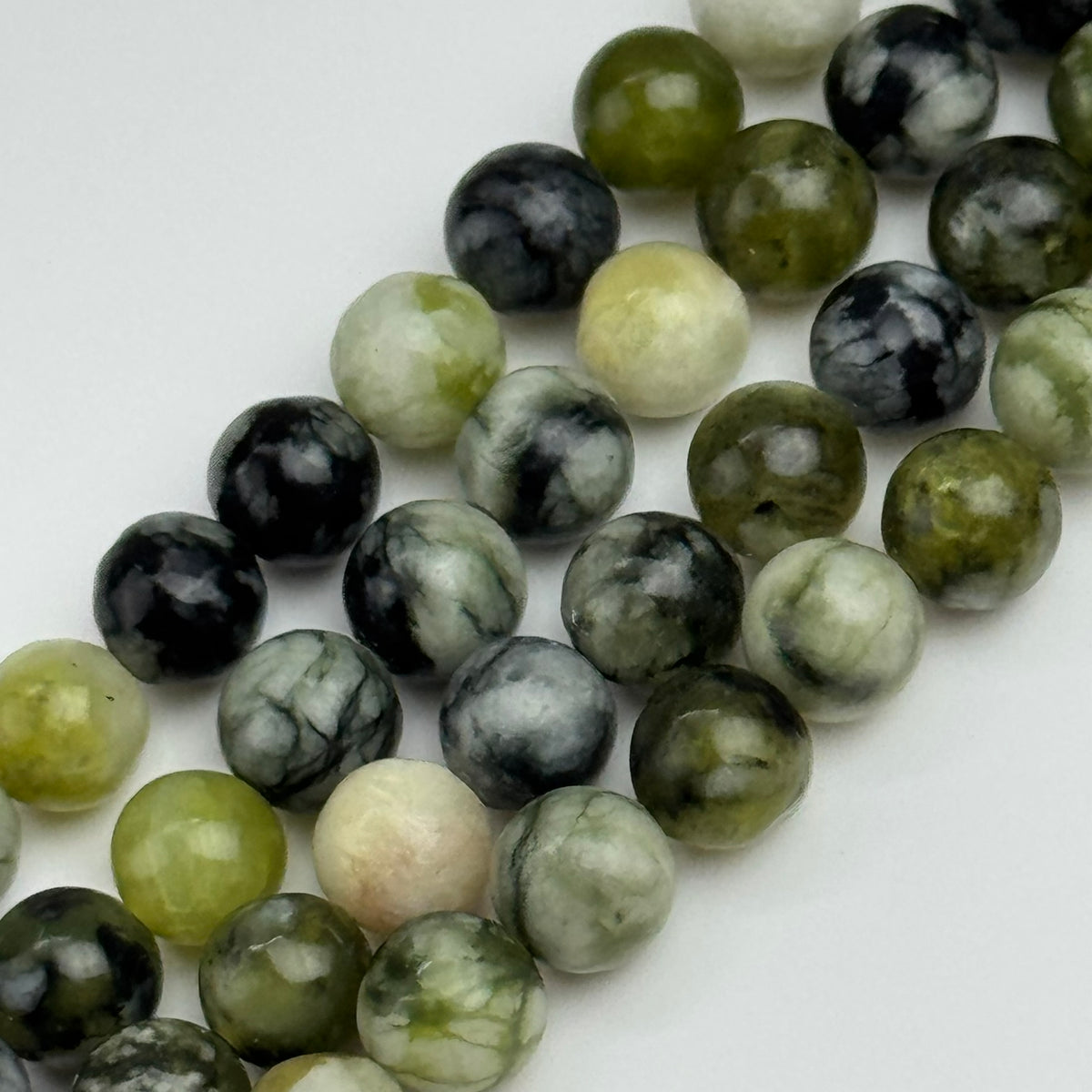 Dendritic Green Serpentine Polished  Round Beads