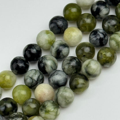 Dendritic Green Serpentine Polished  Round Beads