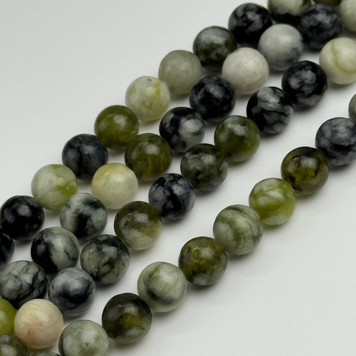 Dendritic Green Serpentine Polished  Round Beads