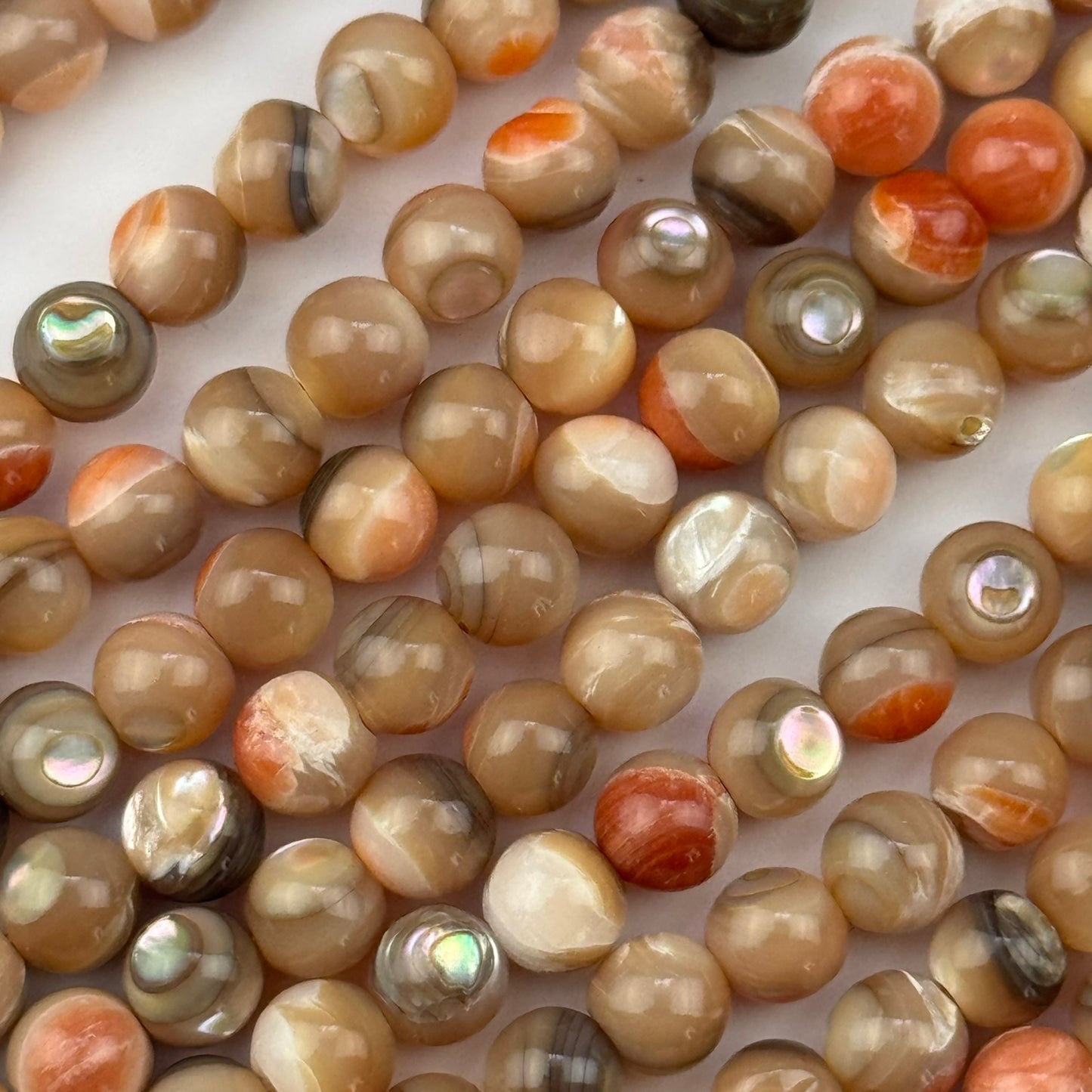 Orange Rainbow Shell Mother Of Pearl Polished Round Beads