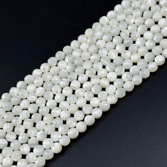 White Mother of Pearls Faceted Round Beads