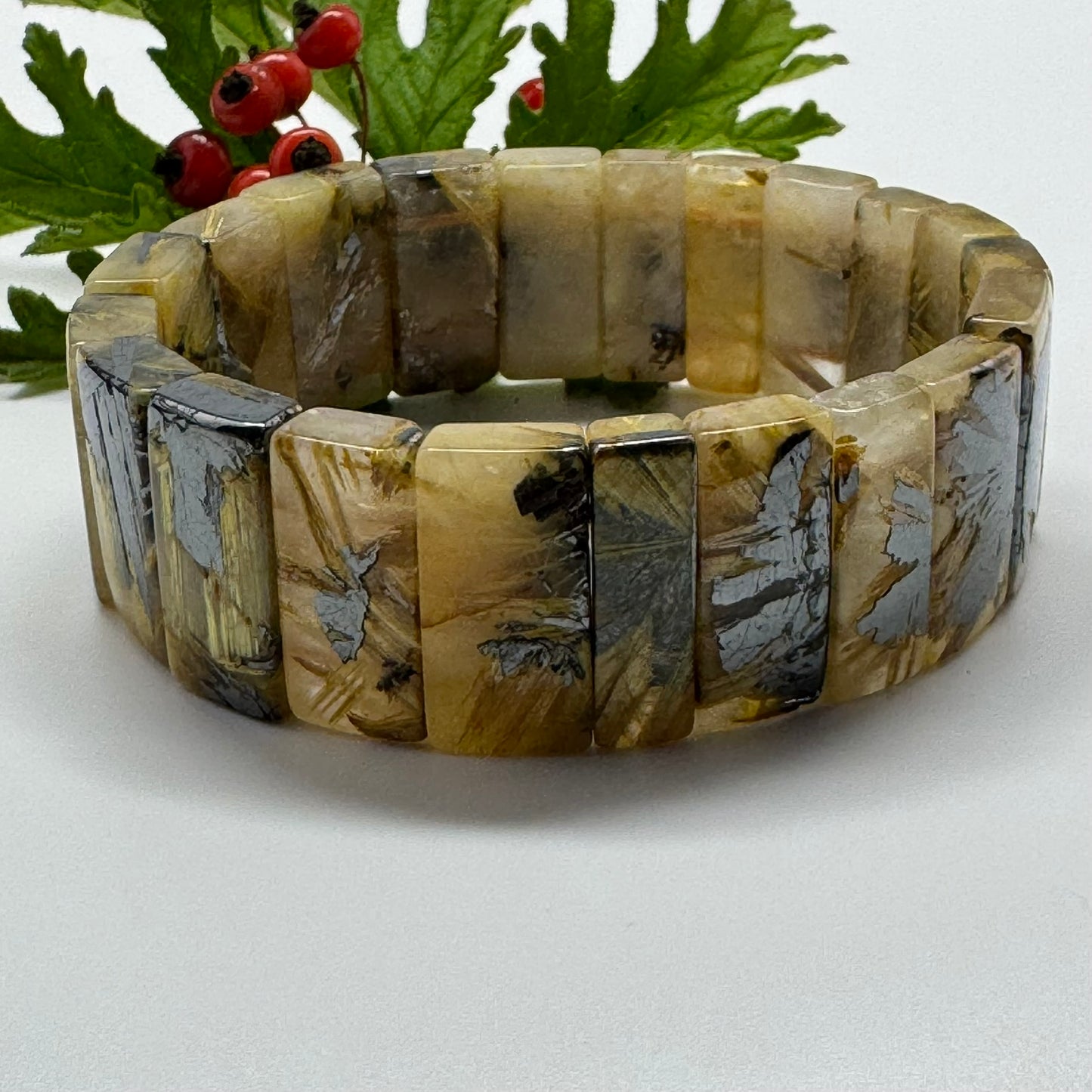 Bracelet: Golden Rutilated Quartz With Hematite Crystal Bangle Bracelet