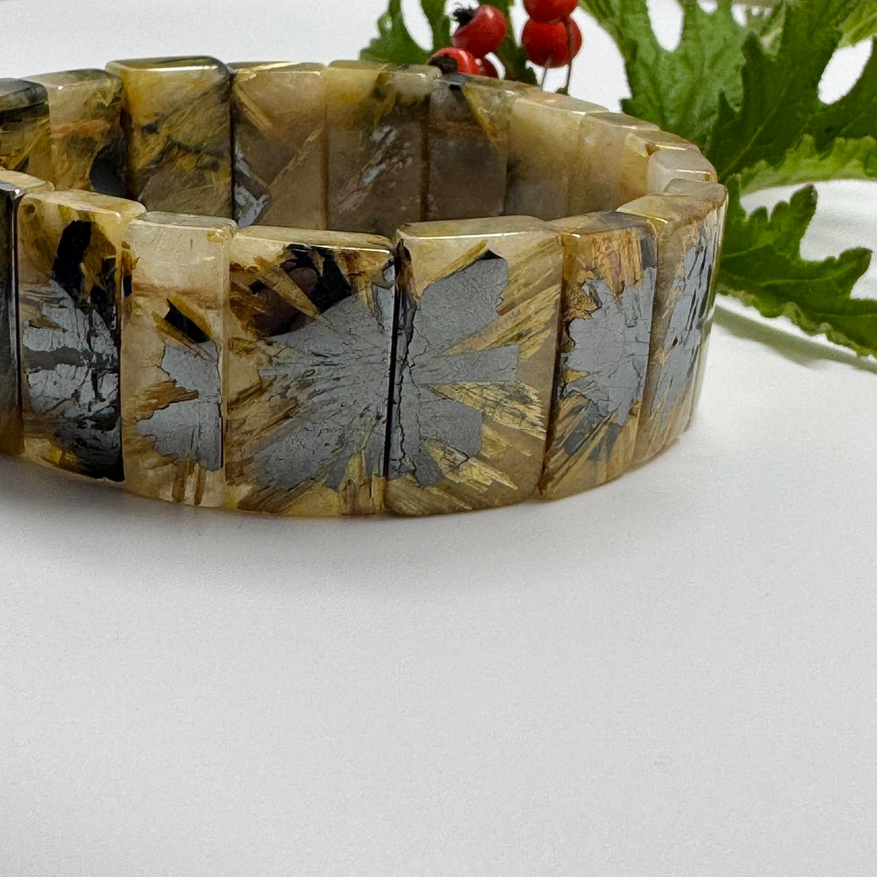 Bracelet: Golden Rutilated Quartz With Hematite Crystal Bangle Bracelet