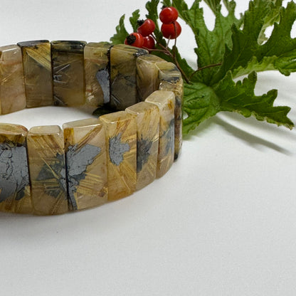 Bracelet: Golden Rutilated Quartz With Hematite Crystal Bangle Bracelet
