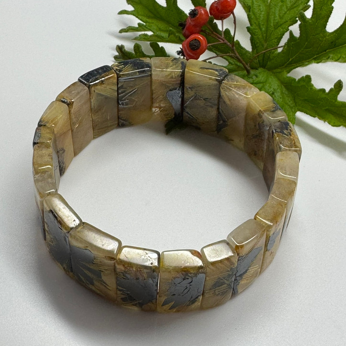 Bracelet: Golden Rutilated Quartz With Hematite Crystal Bangle Bracelet